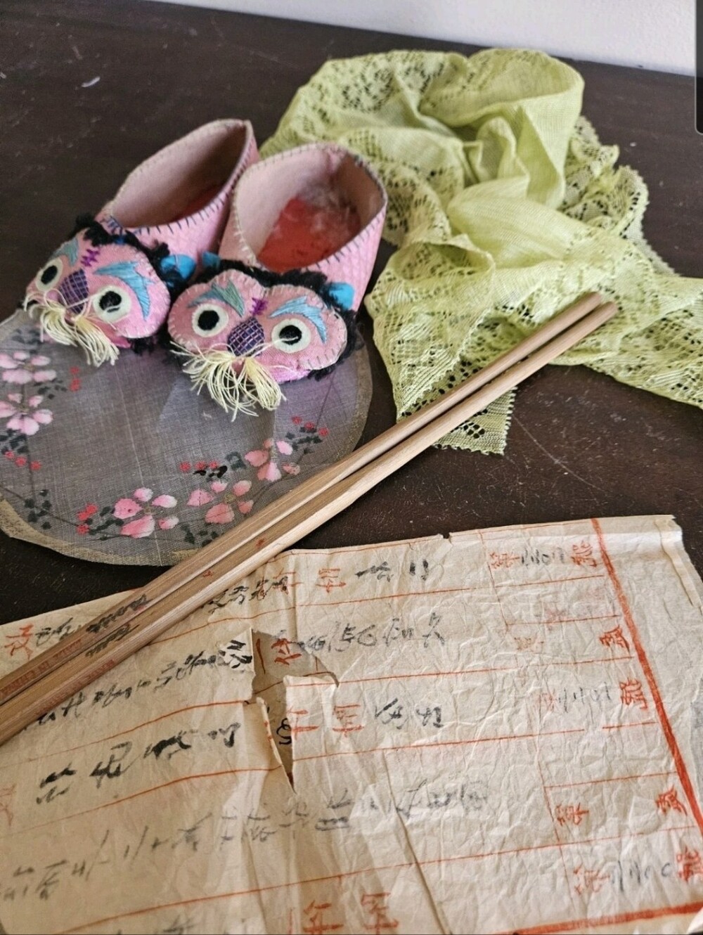 VTG Lot Child's Chinese Embroidered Tiger Head Shoes, Documents, Chopsticks, Etc